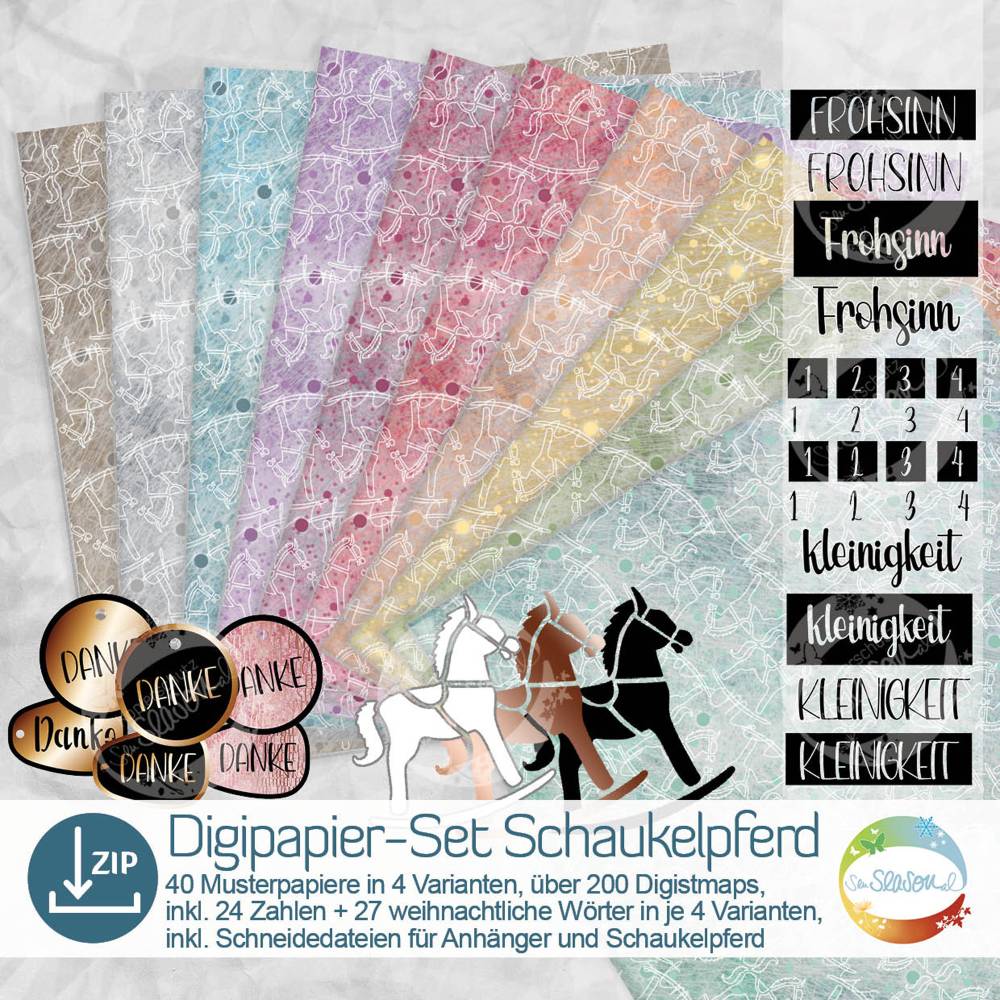 Digipapierset Schaukelpferd, weihnachtliches Papier mit vielen Digistamps und Schneidedateien, Design von senSEASONal Bild 1