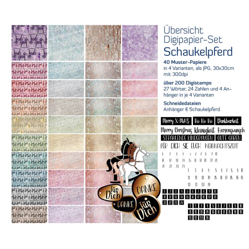 Digipapierset Schaukelpferd, weihnachtliches Papier mit vielen Digistamps und Schneidedateien, Design von senSEASONal Bild 10