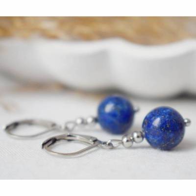 Lapislazuli Creolen Ohrringe Silber, Huggie mit Lapis lazuli Anhänger, Kugelohrringe, Stein Ohrhänger, Blau Perlen Hoop,
