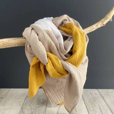 Musselintuch XXL 3-farbig | Beige-Weiß-Mango | Halstuch Stilltuch Babydecke Schal