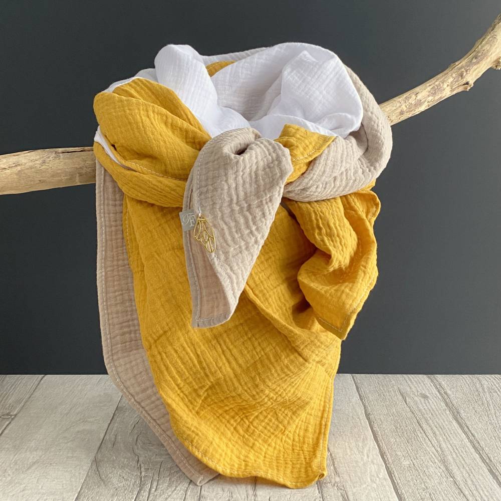 Musselintuch XXL 3-farbig | Beige-Weiß-Mango | Halstuch Stilltuch Babydecke Schal Bild 2