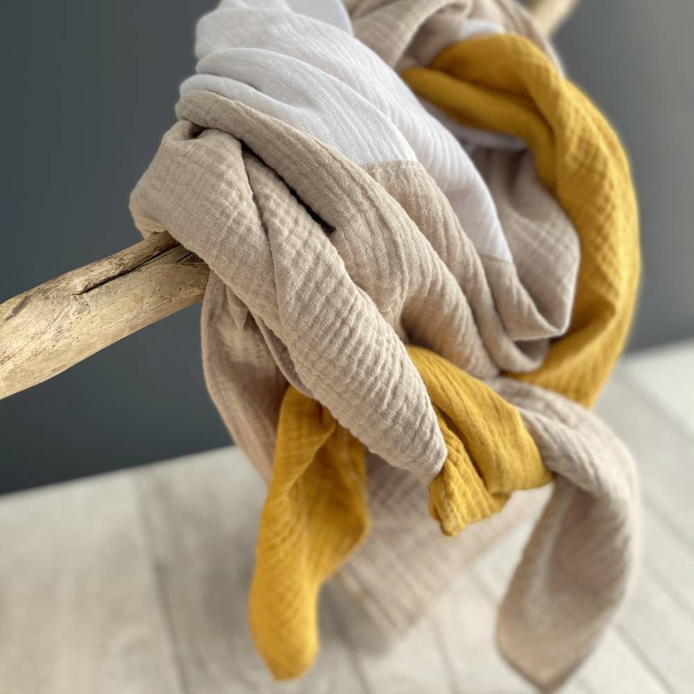 Musselintuch XXL 3-farbig | Beige-Weiß-Mango | Halstuch Stilltuch Babydecke Schal Bild 4
