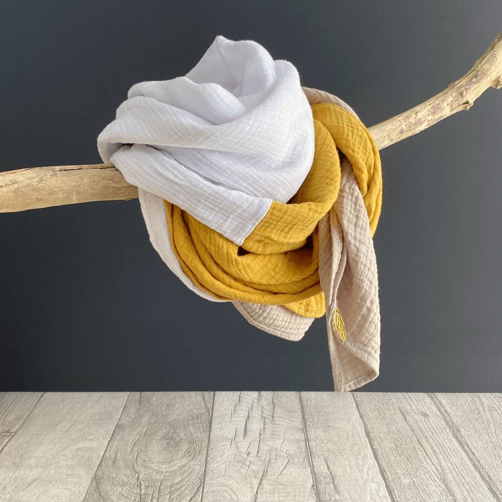 Musselintuch XXL 3-farbig | Beige-Weiß-Mango | Halstuch Stilltuch Babydecke Schal Bild 7