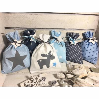 Adventskalender Elch blau grau Kalender Advent selber befüllen Säckchen Baumwolle Taschen Tüten Türchen Weihnachten