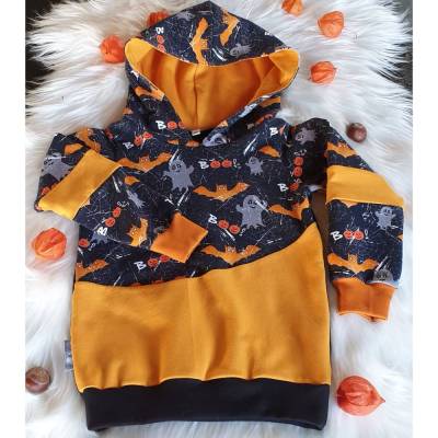 Hoody - Kapuzenpulli  für Kinder - Halloween   Gr. 104 - Geister und Fledermaus - schwarz / orange - Unikat 