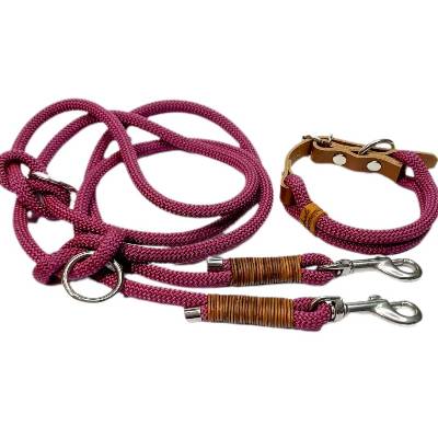 Hundeleine Halsband Set verstellbar, aubergine mit Leder, ab 25 cm Halsumfang