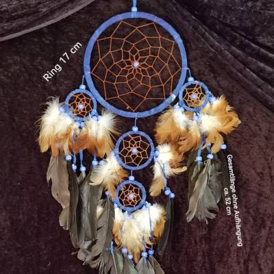 Traumfänger / Dreamcatcher, groß, Royalblau, und Natur, 5 Ringe  (TR27)