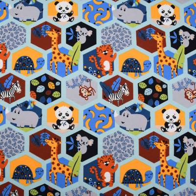 Jersey Baumwolljersey Stoff "Glückliche Zootiere in Waben" babyblau Giraffe Panda Affe Nashorn Schildkröte Koala