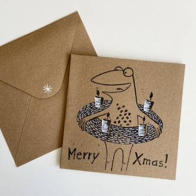 3 handgedruckte Weihnachtskarten, Merry Xmas, Weihnachten, Weihnachtskarte, Linoldruck, handgedruckt. Frosch Kart
