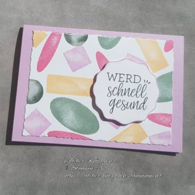 Karte mit Genesungswünschen: Werd schnell gesund ~ bunte geometrische Formen ~ 14,85 x 10,5 cm