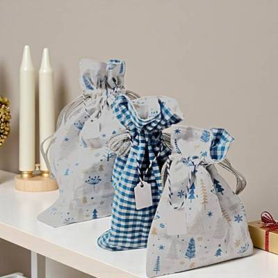 Dekorative Nikolaussäckchen blau-weiß, 3er Set, wendbar & aus Baumwolle
