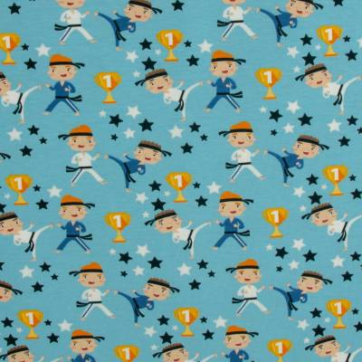 Jersey Baumwolljersey Stoff "Kleine Ninjas" Karate Jungs hellblau