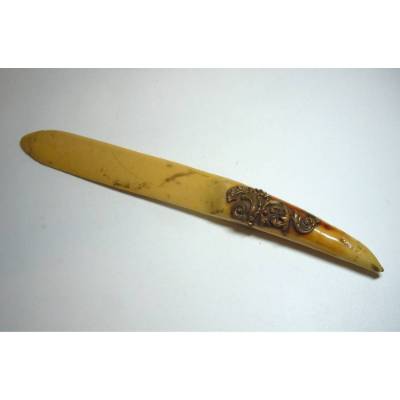 Historismus Brieföffner Bein mit Messing Applikation – um 1880 – antikes Sammlerstück, 24 cm