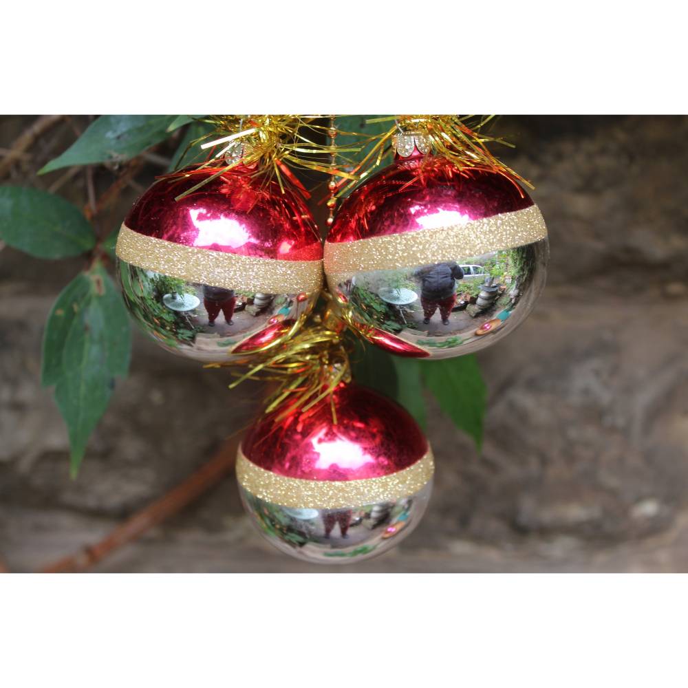 Türbehang 3 Christbaumkugeln mit Dekor zum aufhängen Glas Ø 6,5 cm Vintage DDR