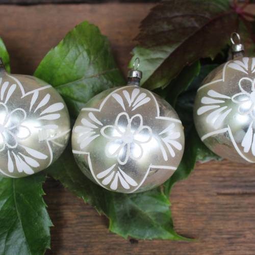 3 alte Christbaumkugeln weißes Blumendekor Christbaumschmuck Glas Vintage Lauscha 50er Jahre