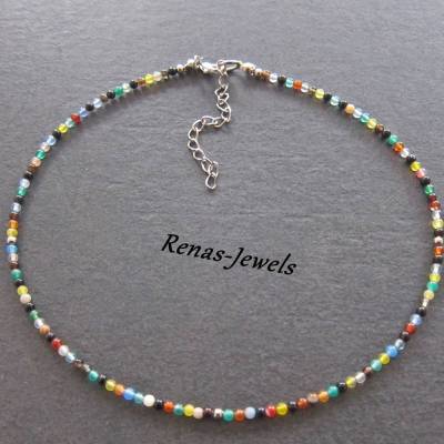 Choker Edelstein Kette Achat Perlen bunt silberfarben Handgefertigt 39 cm kurz