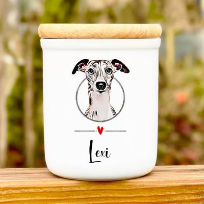 Keramik Leckerlidose 'Whippet' mit Hunde-Silhouette, personalisiert mit Namen
