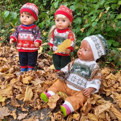 Puppenkleidung, Ugly Sweater Set 3-teilig in Strickoptik mit Norway-Print, für Puppen 40-43 cm