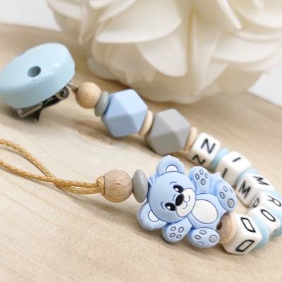 Schnullerkette mit Name Junge Teddy Blau Geschenk