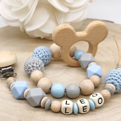 Schnullerkette Greifling Set mit Name Junge Maus Blau