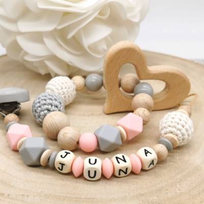 Schnullerkette Greifling Set mit Name Mädchen Apricot Herz