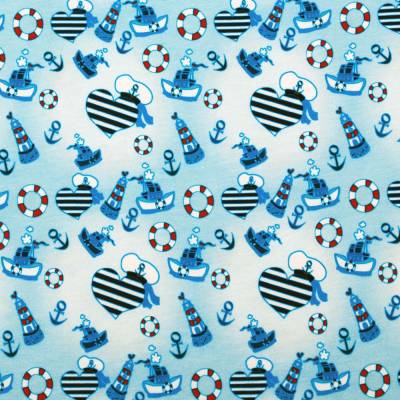 Jersey Baumwolljersey Stoff Digitaldruck Maritim "Verliebt ins Meer" Boot Anker Herz Leuchtturm hellblau