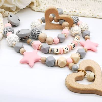 Set Kinderwagenkette Schnullerkette Greifling Set mit Name Herz Mädchen
