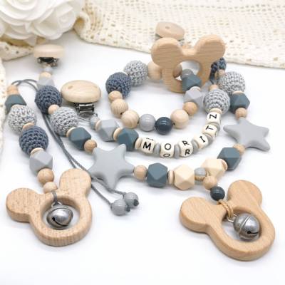 Set Kinderwagenkette Schnullerkette Greifling Sitzschalen Anhänger mit Name Maus Mädchen Junge