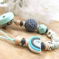 Schnullerkette mit Name Junge Regenbogen Mintgrün