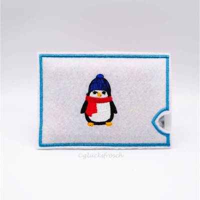 Filzhülle bestickt, weiß für Geschenke mit Pinguin