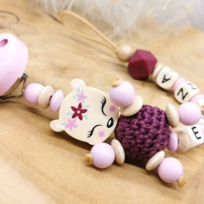 Schnullerkette mit Name Mädchen Reh Weinrot Geschenk 