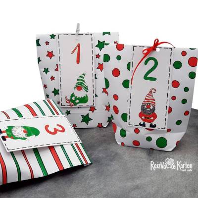 Adventskalender zum Befüllen – 24 handgemachte Papiertüten & Wichtel-Anhänger