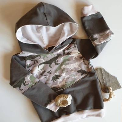 Hoody - Kapuzenpulli für Kinder - Dinos - Gr. 104 - olivgrün und beige - mit Dinomotiven - Unikat 