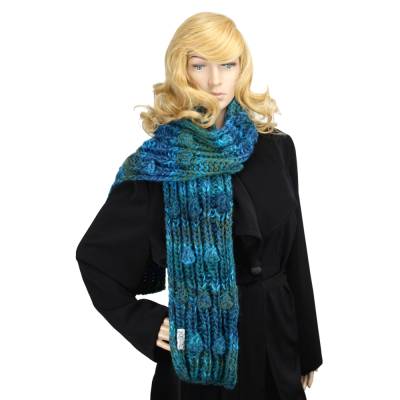 Strickschal petrol meliert Damen XXL – Handgestrickter Wollschal, weich & warm