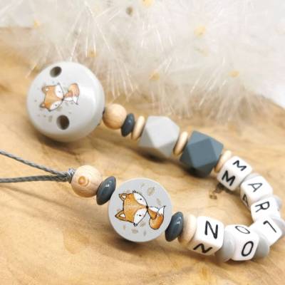 Schnullerkette mit Name Fuchs Junge Grau 
