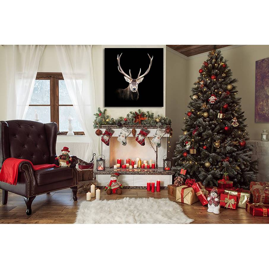 Grosses Wandbild Collage Hirsch mit großen Geweih, tierisch schöne Wanddeko Weihnachten Leinwanddruck