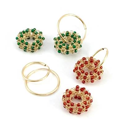 Gold-filled OHRRINGE / CREOLEN - gestrickte Mini-Donuts mit roten oder grünen Spinel Steinchen - Größe wählbar, ab