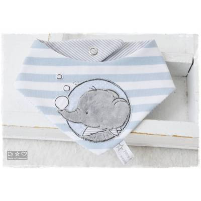 Dreieckswendetuch hellblau/weiß mit Doodlestickerei Button Elefant