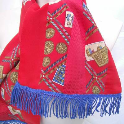 rot  blauer Patchworkschal Fransenschal
