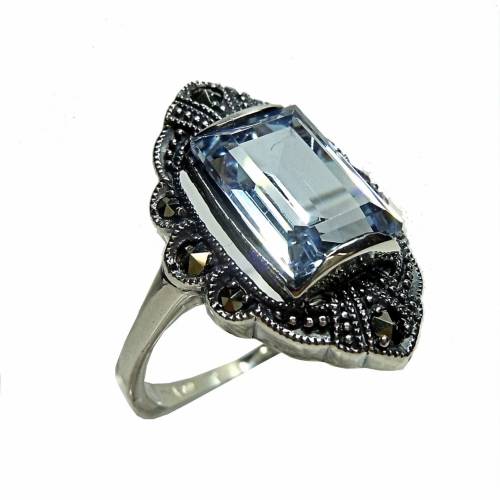Silber Aquamarin Ring mit Markasit – Jugendstil Navette 925 Sterling Silber 
