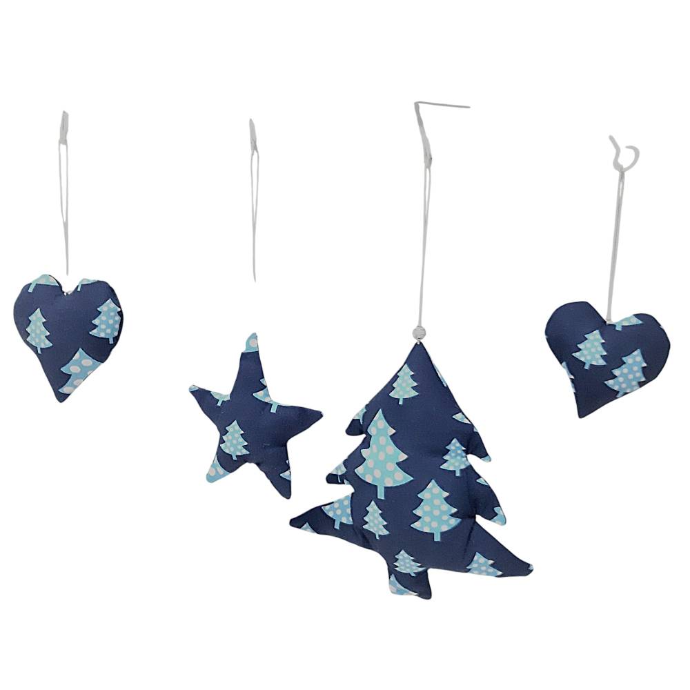 4-teilige blaue Weihnachtsdeko aus Baumwolle mit Tannenbaum Muster zum Aufhängen