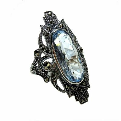 Jugendstil Sterling Silber Aquamarin Ring mit Markasit