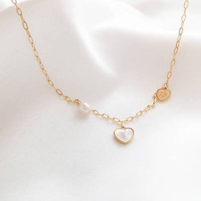 Herz Kette Perlmutt, Halskette Herz Anhänger Edelstahl, Geschenk für sie