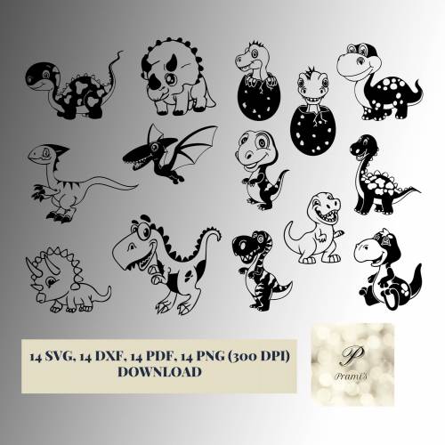 Plotterdatei Süßes Dinosaurier Set SVG Dateien für Cricut, lustige Dino Designs in den Formaten svg, png, dxf, pdf