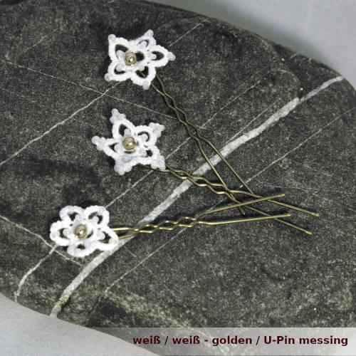 3er Set Haarnadeln Haarsterne aus Baumwolle mit Glaswachsperle und kleinen Glasperlchen an Bobby-Pin U-Pin