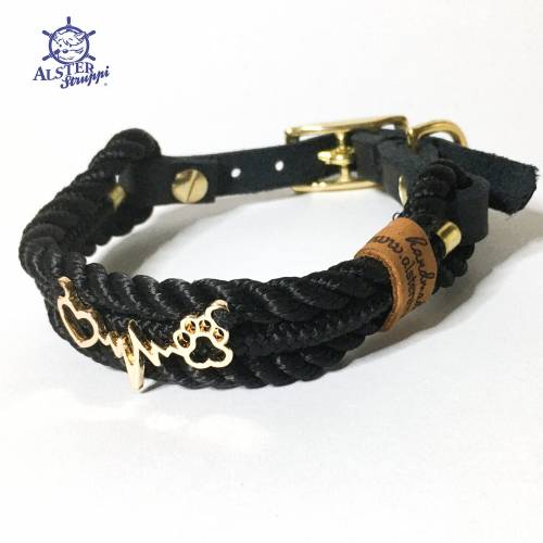 Hundehalsband, Tauhalsband "Herz Herzschlag / EKG Pfote", für kleine Hunde, schwarz / gold, Leder verstellbar se