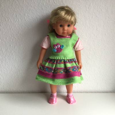Puppenrock mit Pulli, für Puppengröße ca. 46-48 cm, 2-teiliges Puppenkleid grün/bunt mit Eule