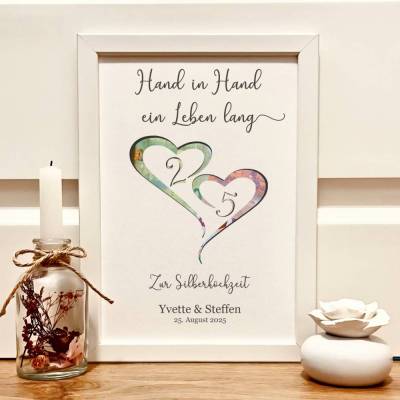Andenken zur Silberhochzeit | Personalisiertes Geldgeschenk im Bilderrahmen mit Spruch "Hand in Hand ein Leben lang"