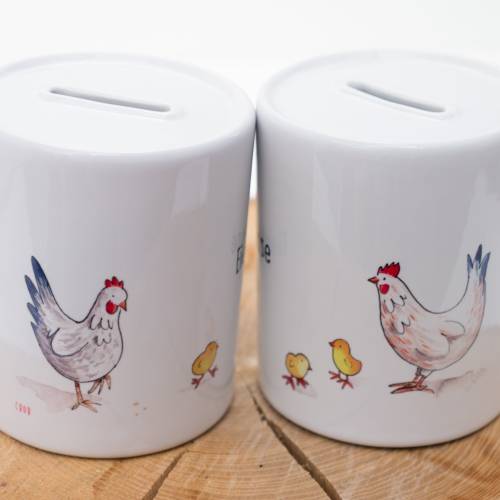 Spardose personalisiert Eierkasse Hühner | Keramik Sparschwein mit Namen | Geldgeschenk Geschenk Geburtstag