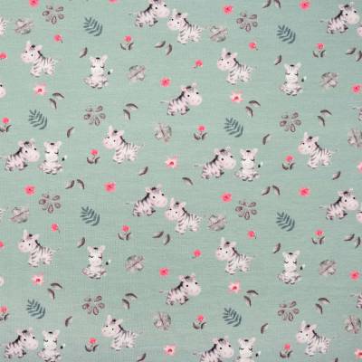 Jersey Baumwolljersey Stoff Digitaldruck "Kleine Zebras" ghost green 